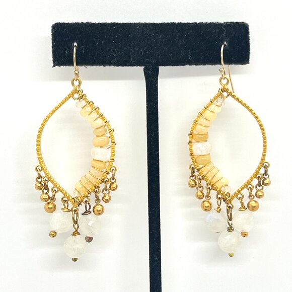 GOLD TONE BEADED CHANDELIER DANGLE EARRINGS BOHO FAUX MOONSTONE YELLOW STONE - Picture 3 of 16